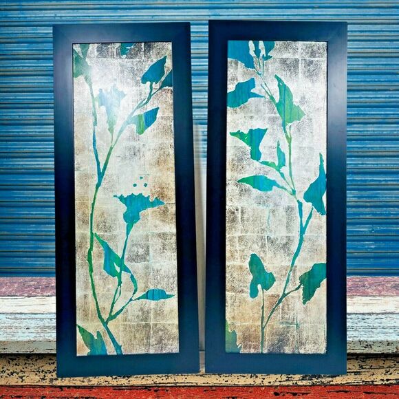 2 Botanical Gardens Green Leaf Foiled Silver Black Framed Wall Art 39"x16" - Picture 6 of 12